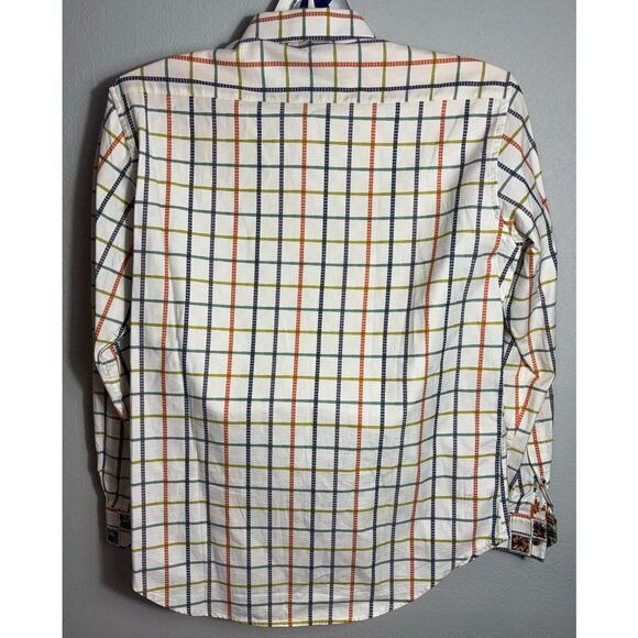 Robert Graham Button Up Plaid Shirt White Orange Embroidered Cuff Size Large L - Picture 3 of 12